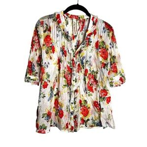 ARATTA Floral Print Raw Hem mixed button Blouse Size Small EC